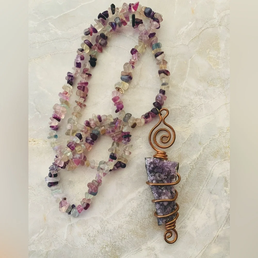 Artisan Amethyst Geode Copper Wire Wrapped Pendant Crystal Necklace - Picture 10 of 10